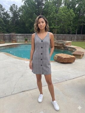 Plaid dress with Buttons -Front V-Neck Mini Dress in Gray XL